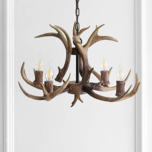 30" Adjustable Resin Antler 5-Light LED Chandelier, Glam, Rustic,Cottage,Transitional, Dimmable Dining Room, Living Room, Kitchen, Foyer, Bedroom, White