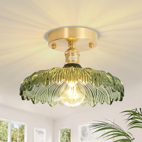 Semi Flush Mount Ceiling Light, Gold Hallway Vintage Lights Fixture Ceiling with Amber Peony Glass, Bulb Included, 4.72" Base Modern Ceiling Light Fixtures for Kitchen Bedroom