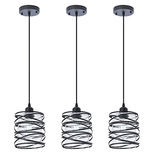 Modern Mini Pendant Light Fixture Kitchen Island Pendant Lighting 6.30''Matte Black Spiral Cage Handblown Clear Seeded Glass Shade Hanging Lamp Adjustable Cord for Dining Room 1-Pack,E26