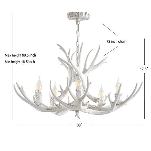 30" Adjustable Resin Antler 5-Light LED Chandelier, Glam, Rustic,Cottage,Transitional, Dimmable Dining Room, Living Room, Kitchen, Foyer, Bedroom, White