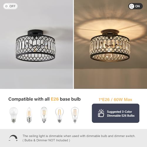 Crystal Black Ceiling Light, Modern Semi Flush Mount Ceiling Lighting Fixture, Round Hallway Lighting Fixtures Ceiling for Kitchen Entryway Bedroom Laundry Room, 1-Light, 11.4 Inch