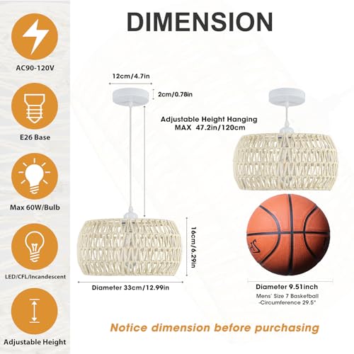 Rattan Pendant Light Fixture Basket Hanging Drum Chandelier Basket Light White Boho Ceiling Light Flush Mount Ceiling Light Woven Kitchen Chandelier for Dinning Room Hallway Bedroom Chandelier