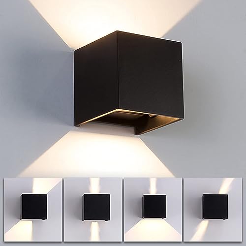 2 Pack LED Outdoor Wall Lights Exterior/Interior, Up and Down Lights IP65 Waterproof Wall Sconces, Square Aluminum Outdoor Wall Lighting Fixtures, Modern Black 12W 3000K Warm Lights