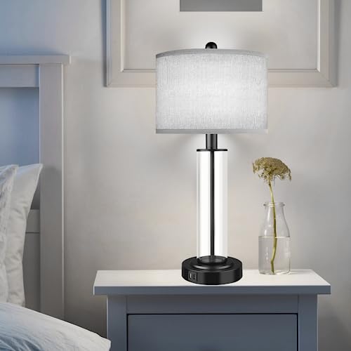 Table Lamps for Bedrooms Set of 2, 26'' Tall Glass Bedside Table Lamp with Dual USB Charging Ports,Touch Bedroom Modern Lamps with Gery Fabric LampShade for Nightstand Living Room,Bulbs Included