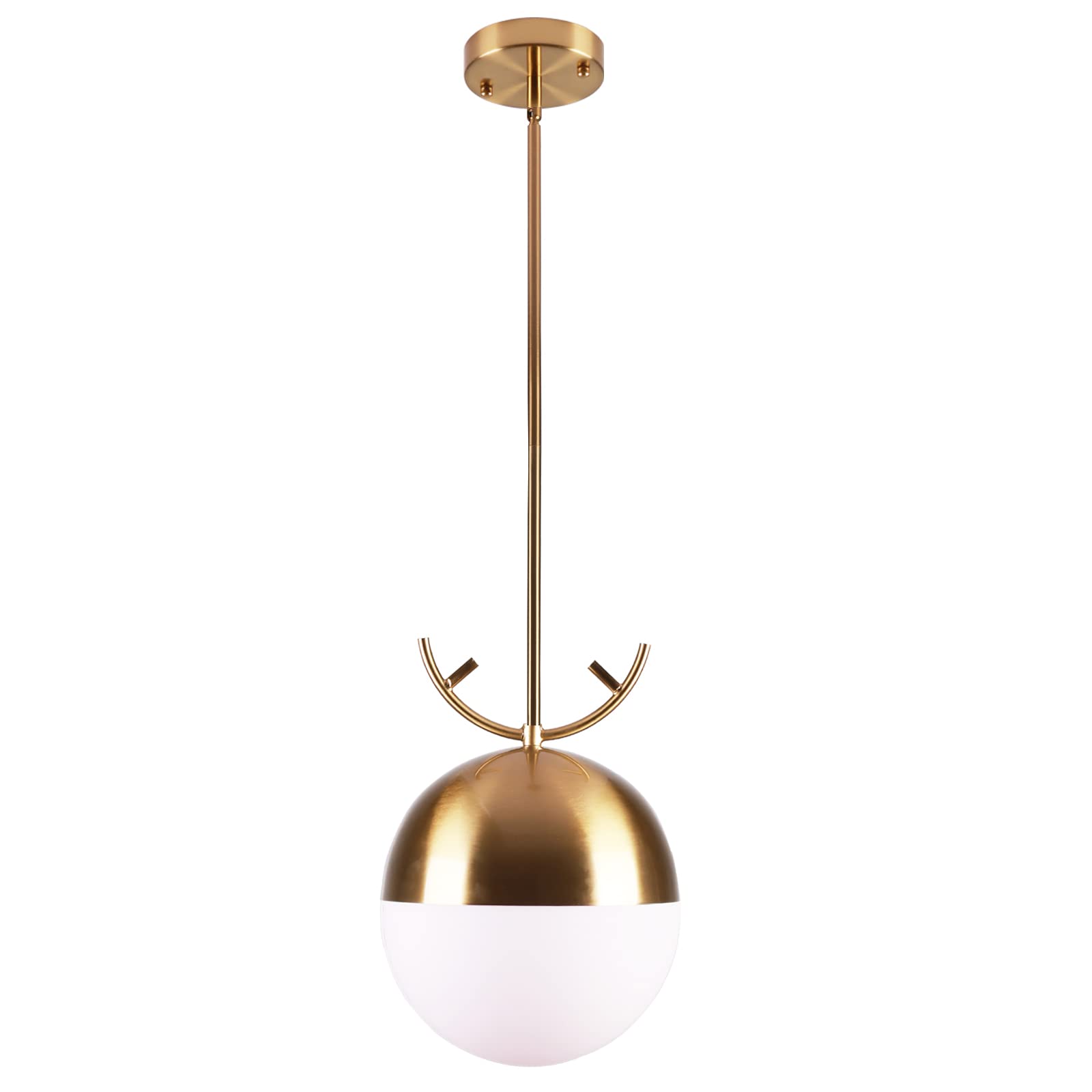 Modern Gold Globe Pendant Light Mid Century Chandelier 1-Light Brushed Brass Ceiling Hanging Lighting Fixture with White Globe Glass Lampshade for Kitchen Island Dining Room Bedroom (2 Pack)