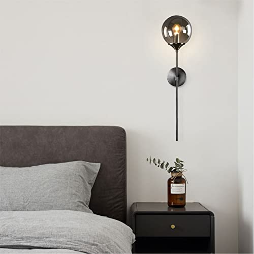 Lighting Modern Smoke Grey Glass Globe Black Matte Slim Wall Sconce Light with Long Arm Vintage Industrial Wall Sconce for Hallway, Stairs, Bathroom Mirror