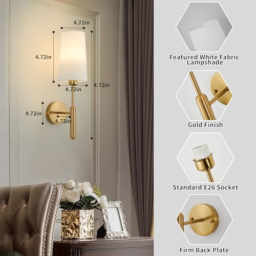 Gold Rechargeable Battery Operated Wall Sconces Set of 2 with Remote, Wireless Dimmable 5000mAh Battery Powered LED Wall Lights, Cordless Wall Lamp Lighting Fixture for Bedroom Living Room