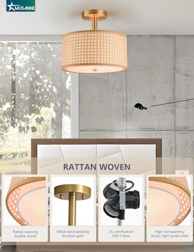 Semi Flush Mount Ceiling Light, Linen Fabric 12'' Drum Ceiling Light Fixture,Modern Gold Brass 3-Light Close to Ceiling Light Fixture for Dining Room Bedroom Living Room Hallway Kitchen