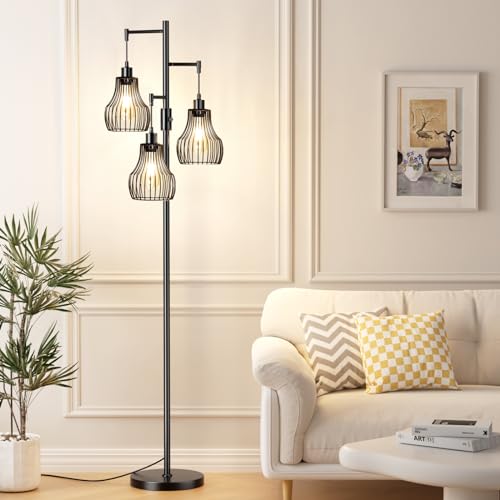 Dimmable Floor Lamp, 3 x 800LM LED Edison Bulbs Included, Farmhouse Industrial Floor Lamp Standing Tree Lamp with Elegant Cage Tall Lamps for Living Room Bedroom Office - Black