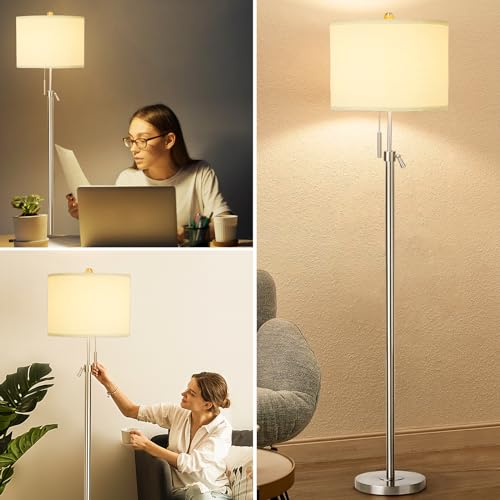 Floor Lamp for Living Room Adjustable Tall Standing Lamp, 3-Way Dimmable Floor Lamp for Bedroom Office, Black Gold Lamp with Marble Base and White Linen Shade, 6W 3000K LED Blub Included