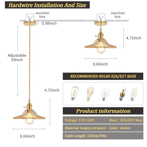 Pendant Light with White Pleated Ceramic Lmapshade, Brass Vintage Pendant Light Adjustable Hanging Light for Kitchen Island Dining Room Hallway 7.87 Inch Diam