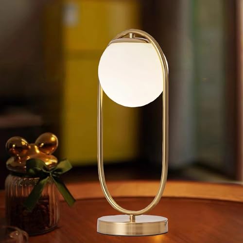 Gold Table Lamp Mid Century Modern Gold Desk Lamp White Glass Shade Nightstand Lamp Small Table Lamp for Bedside Bedroom Living Room Office