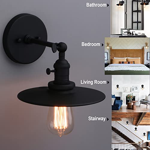 Rustic Industrial Wall Light, 1-Light Bathroom Vanity Light with 7.9" Crafted Lampshade, 180° Adjustable Wall Sconce with on Off Switch, Wall Lamp for Bedroom Living Room Kitchen (Black)