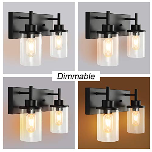 Bathroom Vanity Light Fixtures, 2 Light Wall Sconce Black Vintage Industrial Farmhouse Sconces Wall Lighting with Clear Glass Shade for Bathroom Bedroom Living Room