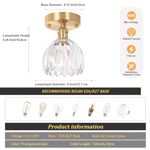 Semi Flush Mount Ceiling Light, Gold Hallway Vintage Lights Fixture Ceiling with Amber Peony Glass, Bulb Included, 4.72" Base Modern Ceiling Light Fixtures for Kitchen Bedroom