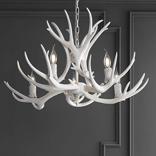 30" Adjustable Resin Antler 5-Light LED Chandelier, Glam, Rustic,Cottage,Transitional, Dimmable Dining Room, Living Room, Kitchen, Foyer, Bedroom, White