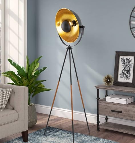 Kira Home Sulis 58" Modern Industrial Tripod LED Floor Lamp + 9W Bulb (Energy Efficient/Eco-Friendly), Leather Accent Legs, Satellite Style Shade, Black Finish