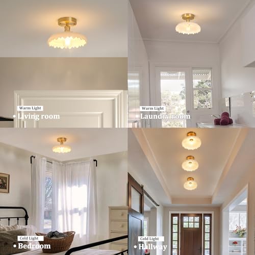 Semi Flush Mount Ceiling Light, Gold Hallway Vintage Lights Fixture Ceiling with Amber Peony Glass, Bulb Included, 4.72" Base Modern Ceiling Light Fixtures for Kitchen Bedroom