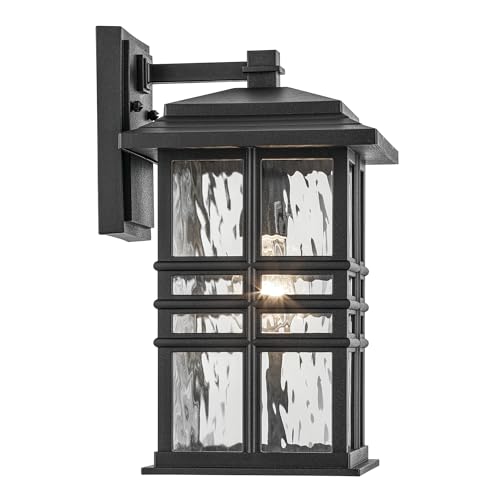 Square 12" Outdoor Wall Light in White, 1-Light Exterior Wall Sconce with Clear Hammered Glass, (12" H x 6.5" W), 49829WH