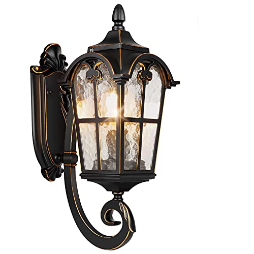 PARTPHONER Outdoor Wall Light Fixtures Black Roman 17.71" H Exterior Wall Lantern Waterproof Sconce Porch Lights Wall Mount with Water Glass Shade for House