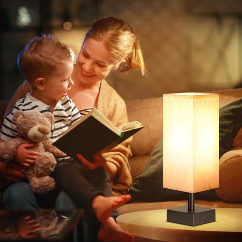 Small Table Lamp for Bedroom - Bedside Lamps for Nightstand, Minimalist Night Stand Light Lamp with Square Fabric Shade, Desk Reading Lamp for Kids Room Living Room Office Dorm