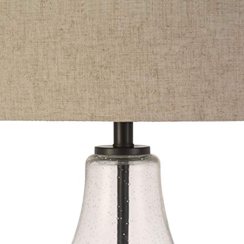 23" Tall Table Lamp with Fabric Shade in Seeded Glass/Antique Bronze/Flax