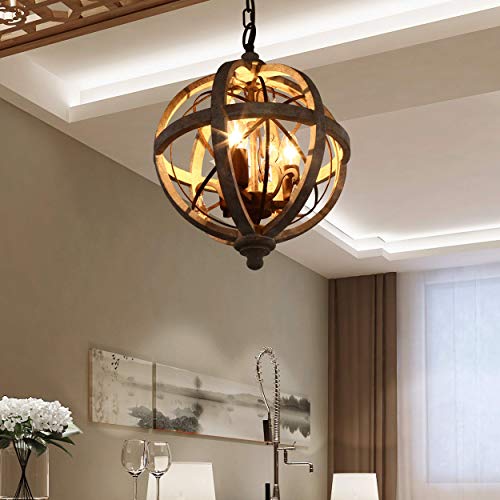 Rustic Retro Weathered Wooden Globe Metal Orb Crystal 5-Light Chandelier Candle Style Wood Pendant Light Fixtures (Medium)