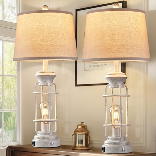 Farmhouse Table Lamp Set of 2 with USB Charging Ports, Tall Table Lamp for Living Room,3-Way Dimmable Lamps for Bedroom, Rustic Bedside Lamp, Industrial Nightstand Lamps,Bulbs Included