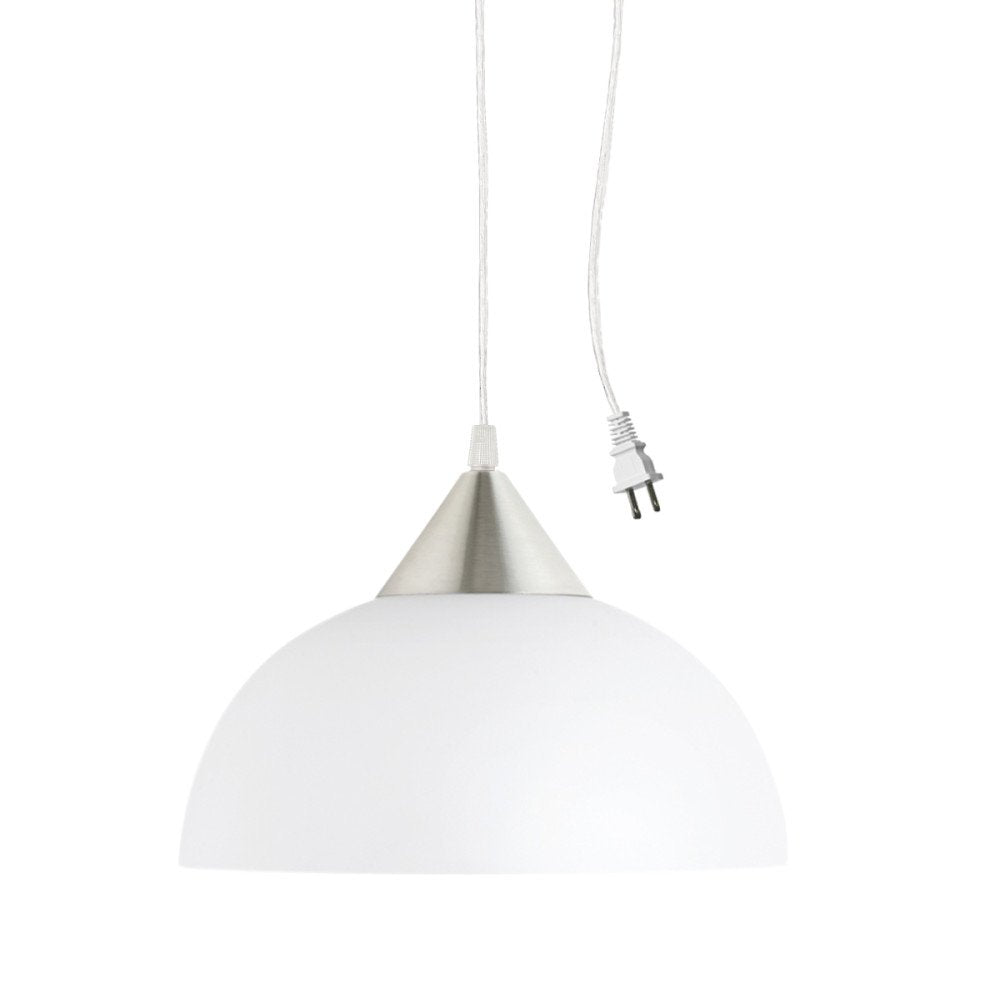 1-Light Plug-in Pendant, Brushed Steel, Frosted White Shade, 15ft Clear Cord, in-Line On/Off Switch, E26 Base Socket, Kitchen Island, Café, Hanging Light, Bulb Not Included