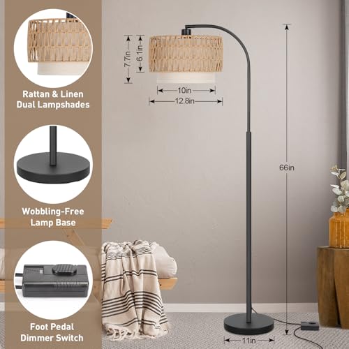 LED Floor Lamp Fully Dimmable Modern Standing Lamp Arc Floor Lamp with Adjustable Drum Shade, Gold Tall Pole Reading Lamp Corner Light for Living Room Bedroom Study Room, Bulb Included