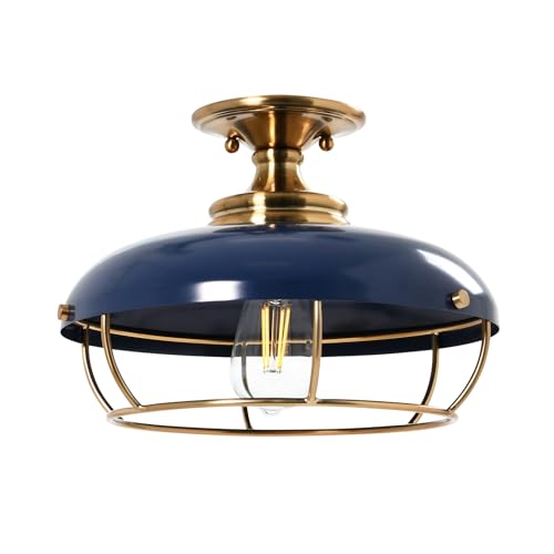 Caged Dome Metal Semi-Flush Mount Ceiling Light, Brushed Brass and Navy Blue