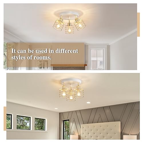 Semi Flush Mount Ceiling Light Fixture, Adjustable 3-Lights Kitchen Light Fixtures Ceiling Mount, Multi-Directional Ceiling Lights for Kitchen Farmhouse Hallway Dining Room Entryway (White & Gold)