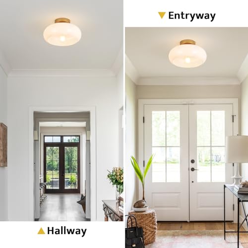 Mid-Century Modern Gold Semi Flush Mount Ceiling Light, Kitchen Ceiling Light Fixture with Glass Shade, Vintage White Close to Ceiling Lamp for Entryway Hallway Bathroom (8.66 Inch)