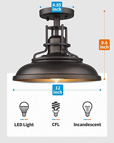 1-Light Semi Flush Mount Light Fixture, 12 inch Farmhouse Ceiling Light Fixture for Hallway, Porch, Laundry, Foyer, Oil Rubbed Bronze Finish, 4FY15-F ORB