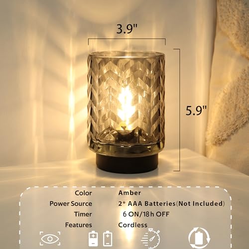 Battery Operated Lamp with Timer, Small Table Lamp with LED Bulb, Glass Cordless Lamps Beside Table Light for Living Room, Bedroom, Entryway Diamond Design-Green