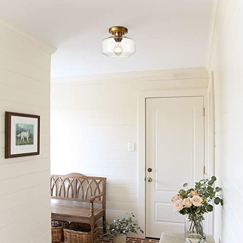 Modern Farmhouse Semi Flush Mount Ceiling Light Gold Hallway Light Fixture Ceiling Hung Opal Milk Glass Shade