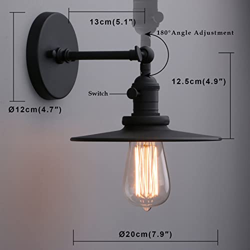 Rustic Industrial Wall Light, 1-Light Bathroom Vanity Light with 7.9" Crafted Lampshade, 180° Adjustable Wall Sconce with on Off Switch, Wall Lamp for Bedroom Living Room Kitchen (Black)