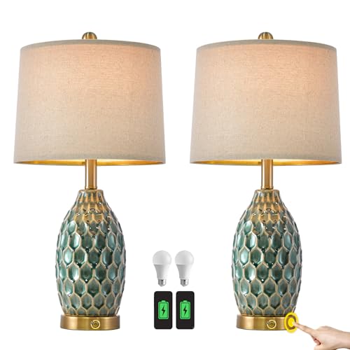 Modern Ceramic Table Lamp Set of 2 Industrial Boho Metal Bedside Lamp for Living Room Office Nightstand Lamp for Bedroom