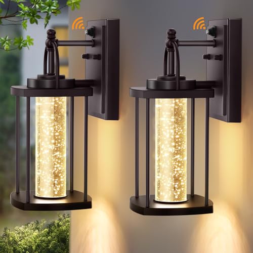 2 Pack Dusk to Dawn Exterior Lighting Fixtures, 10W LED Modern Outdoor Wall Lights Sconce with Crystal Bubble Glass, Black Wall Mount Outdoor Porch Lighting Fixtures for House,Front Door,Garage