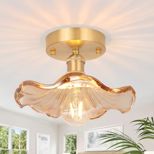 Semi Flush Mount Ceiling Light, Gold Hallway Vintage Lights Fixture Ceiling with Amber Peony Glass, Bulb Included, 4.72" Base Modern Ceiling Light Fixtures for Kitchen Bedroom