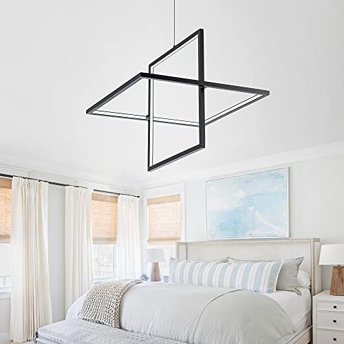 Modern LED Chandelier Linear Rectangle Chandelier Dimmable 35.4” Kitchen Island Lighting, Contemporary Hanging Linear Led Pendant Chandelier Light Fixture for Dining Room Hallway Bar Black