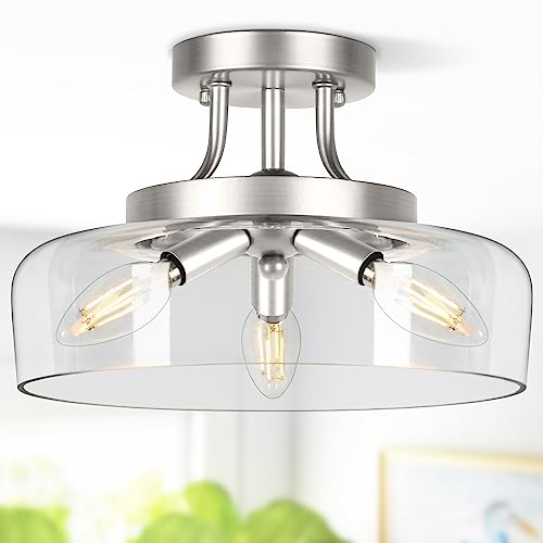 Modern Industrial Semi Flush Mount Ceiling Light with Clear Glass Shade, 3-Bulb Black Ceiling Light Fixture for Kitchen Bedroom Living Room Porch Hallway Entryway, E12 Socket, Bulbs Not Included