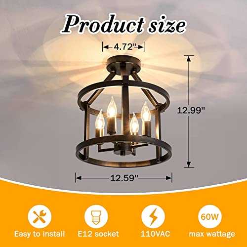 Metal Semi Flush Mount Ceiling Light Fixture 4 Candle Holder Matte Chandelier Farmhouse Ceiling Lamp for Dining Room Bedroom Kitchen Hallway Entryway（Black）