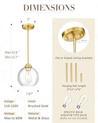 Modern Polished Gold Pendant Light, Mid Century Globe Hanging Light Fixture with Clear Glass for Kitchen Island Dining Room Bedroom Hallway Foyer (2 Pack), PL101BG-2PK