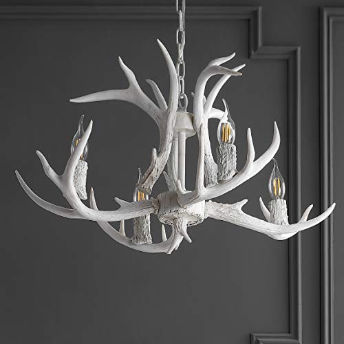 30" Adjustable Resin Antler 5-Light LED Chandelier, Glam, Rustic,Cottage,Transitional, Dimmable Dining Room, Living Room, Kitchen, Foyer, Bedroom, White