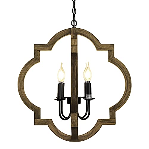 21.7" Farmhouse Wood Chandelier Light Fixture, 4-Light Handmade Distressed White Geometric Hanging Pendant Lighting for Dining Room, Kitchen Island, Entryway, stairwell (Colour: White)