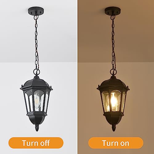 Large Outdoor Pendant Porch Light, 17.5''H Outdoor Hanging Lights, Waterproof Outside Chandelier Light, Black Exterior Hanging Front Lights with Clear Glass for Porch, Patio, Entryway