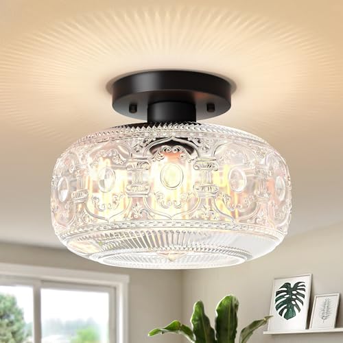 Semi Flush Mount Ceiling Light,Black Vintage Kitchen Ceiling Light Fixture,Globe Glass Close to Crystal Modern Lighting for Hallway Bathroom Bedroom Porch Corridor Entryway,Bulb Not Included