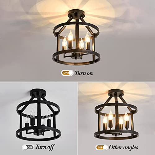 Metal Semi Flush Mount Ceiling Light Fixture 4 Candle Holder Matte Chandelier Farmhouse Ceiling Lamp for Dining Room Bedroom Kitchen Hallway Entryway（Black）