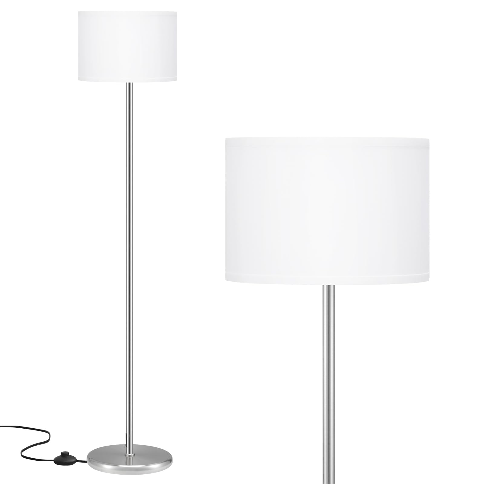 Modern Floor Lamp Simple Design with White Shade, Foot Pedal Switch, 60" Small Tall Lamps for Living Room Bedroom Office Dining Room Kitchen, Black Pole Lamp(Without Bulb)